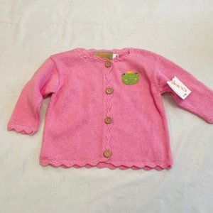 Claver | Baby Girl 6m Pink Knit Cotton Cardigan Sweater Embroider Frog Princess